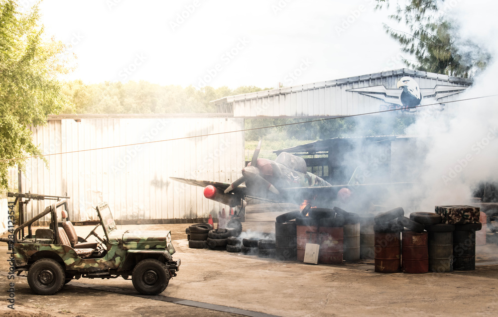 The action show with military vehicles and fighters aircraft 