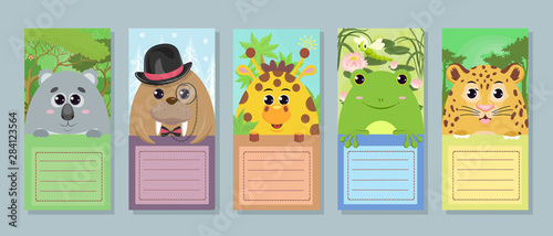 Vector label set for kids with animals: Koala walrus giraffe toad leopard on white background for greeting note notebook template tags stickers