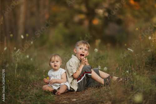 Two happy little kids brother and sister sitting back to each other in nature. Smiling and laughing, his mouth open, looking into the camera. The concept of a happy family on holiday in nature.