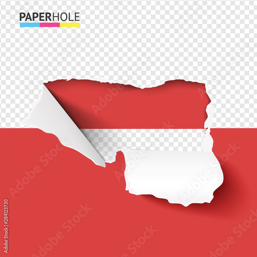 Half empty torn paper hole with bent ripped edges on half red bacground for sale promo. Teared cardboard reveal your message vector concept