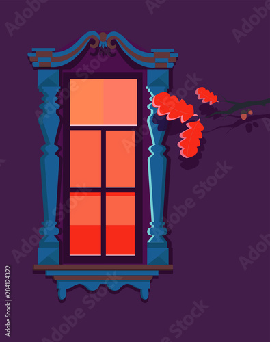 Autumn window vector illustration. Night autumn window.