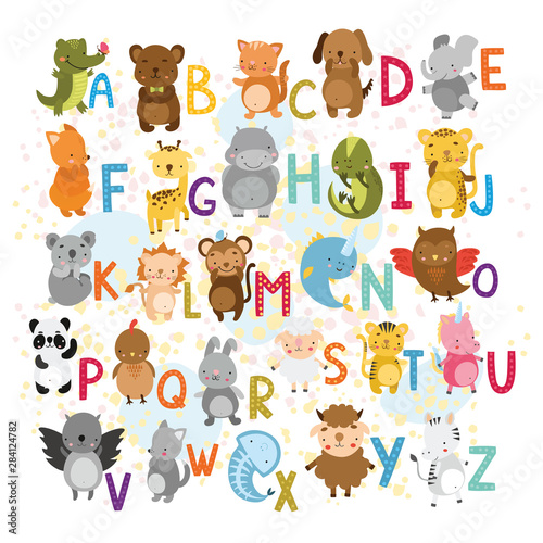 Fototapeta Naklejka Na Ścianę i Meble -  vector alphabet with animals for children. Cute smiling characters.