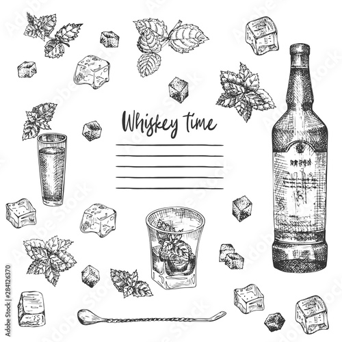 Vintage hand drawn sketch design bar, restaurant, cafe menu on white background. Graphic vector art. Iwhiskey with ice and mint Creative template for flyer, banner, poster, brochure.