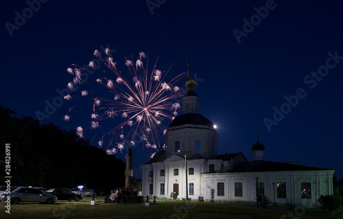 Vyazma, fireworks near Church Church of the Nativity of the Blessed Virgin Mary