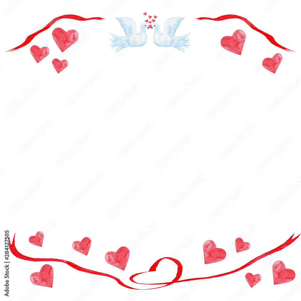 watercolor heart red valentine's day love decor elements hearts frame composition ribbon doves kiss
