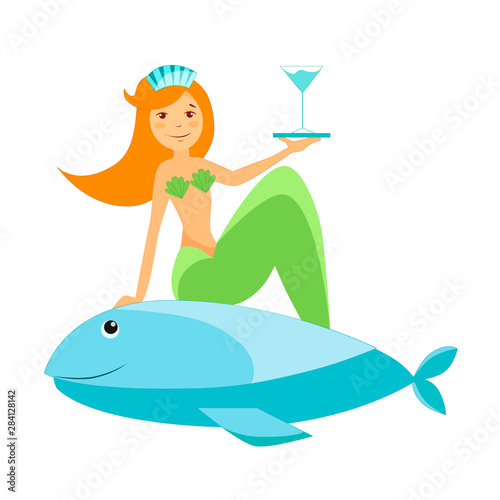 Illustration of a mermaid with a glass of drink on a fish whale