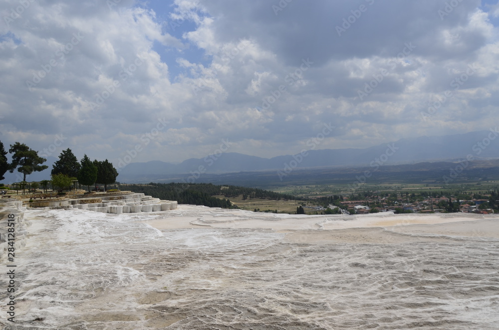 Hierapolis-Pamukkale, Denizli, Turkey. 05/25/2016. White mountains. Empty pools (no water) and terraces of carbonate minerals in Pamukkale. Cotton castle. 
