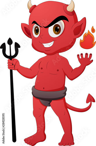 Illustration of demon cartoon characters standing with pitchforks and fireballs