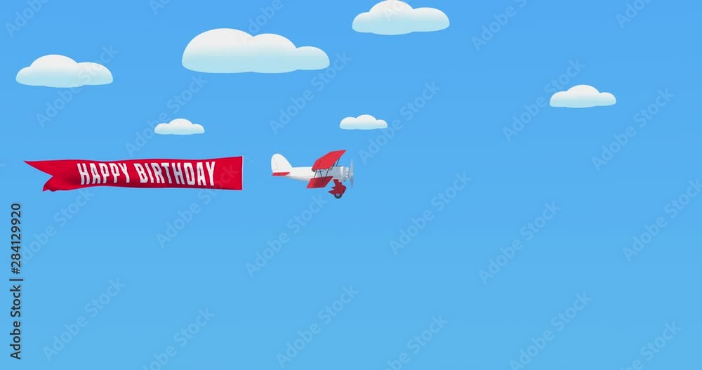 Happy birthday sign on 3D wavy ribbon and retro airplane. Motion graphics with congratulation message 4K footage