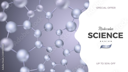 3d DNA molecules vector design. Science abstract background with molecular structure. Atoms model illustration, scientific banner for medicine, biology, chemistry or physics template