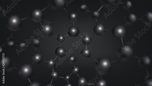 3d molecules vector design. Science black abstract background with molecular structure. Atoms model illustration, scientific banner for medicine, biology, chemistry or physics template
