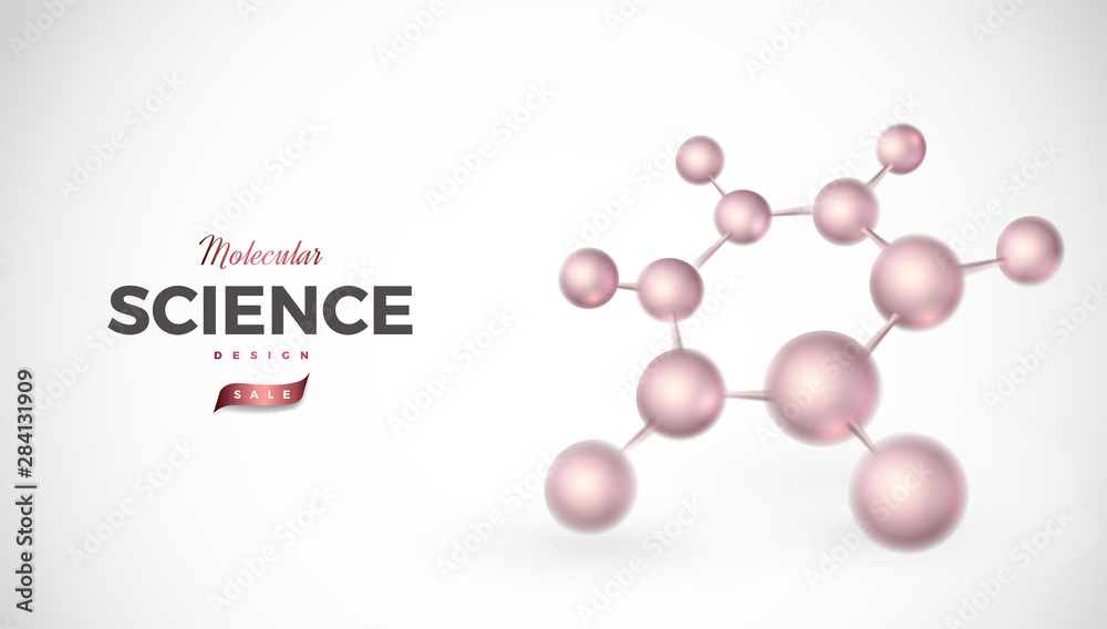 Science abstract vector background design with molecular structure. 3d molecules or atoms model illustration, scientific banner for medicine, biology, chemistry or physics template