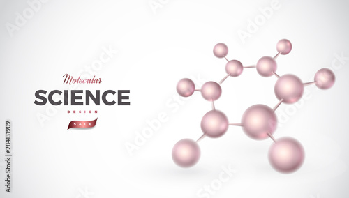 Science abstract vector background design with molecular structure. 3d molecules or atoms model illustration, scientific banner for medicine, biology, chemistry or physics template