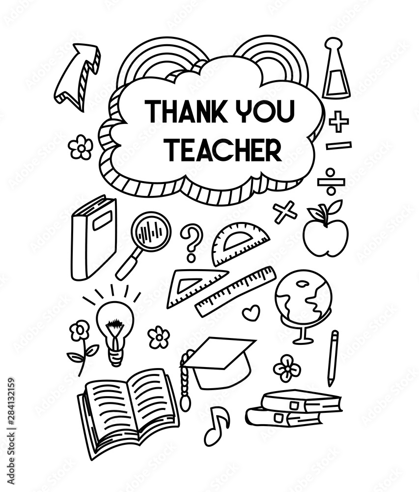 Hand drawn doodle set of objects with the words Thank you teacher