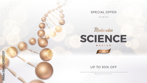 Science abstract vector background design with DNA molecular structure. 3d molecules or atoms model illustration, scientific banner for medicine, biology, chemistry or physics template