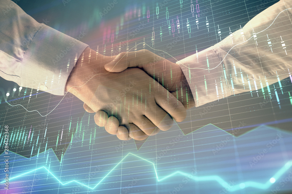 Multi exposure of forex graph on abstract background with two businessmen handshake. Concept of success on stock market Multi exposure of forex graph on abstract background with two businessmen handshake. Concept of success on stock market