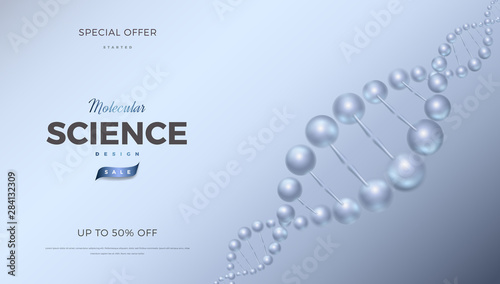 Science abstract vector background design with DNA molecular structure. Soft blue color 3d molecules luxury illustration, scientific banner for medicine, biology, cosmetics template