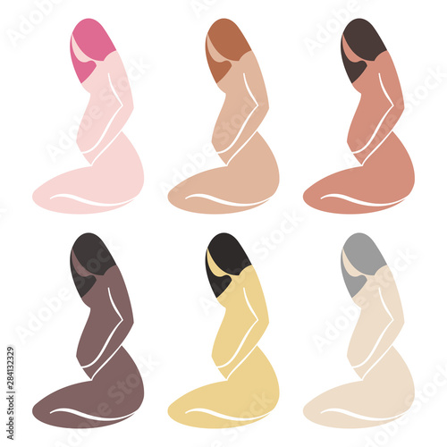 A pregnant woman with straight hair sits and holds her hand on her big belly. A set of six simple two-tone silhouettes with different hair and skin colors.