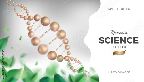 Science abstract vector background design with DNA molecular structure. Golden 3d molecules and green organic leaves luxury illustration, scientific banner for medicine or cosmetics template