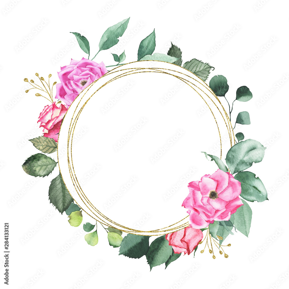 Watercolor gold geometrical round oval frame with pink purple red roses
