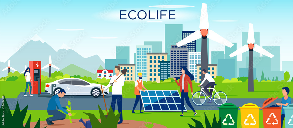 Vector of a group of men and women making a sustainable eco friendly lifestyle choice Vector of a group of men and women making a sustainable eco friendly lifestyle choice