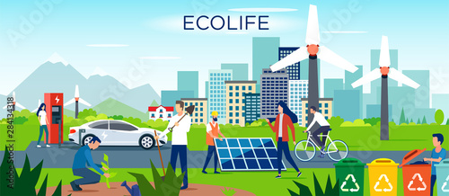 Vector of a group of men and women making a sustainable eco friendly lifestyle choice