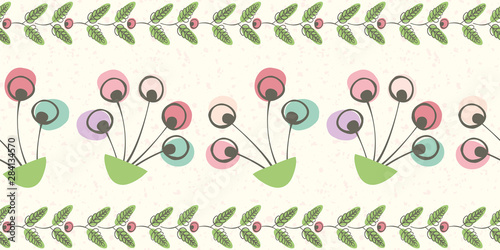 Linocut style border with pink, blue flowers and green leaves. Seamless vector pattern on cream transparent terrazzo background. Great for wellbeing, beauty, packaging, fabric, stationery, wedding