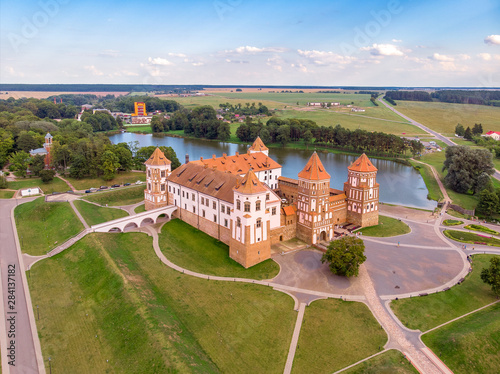 Canvas Print View of Mir castle, Belarus. Drone aerial photo