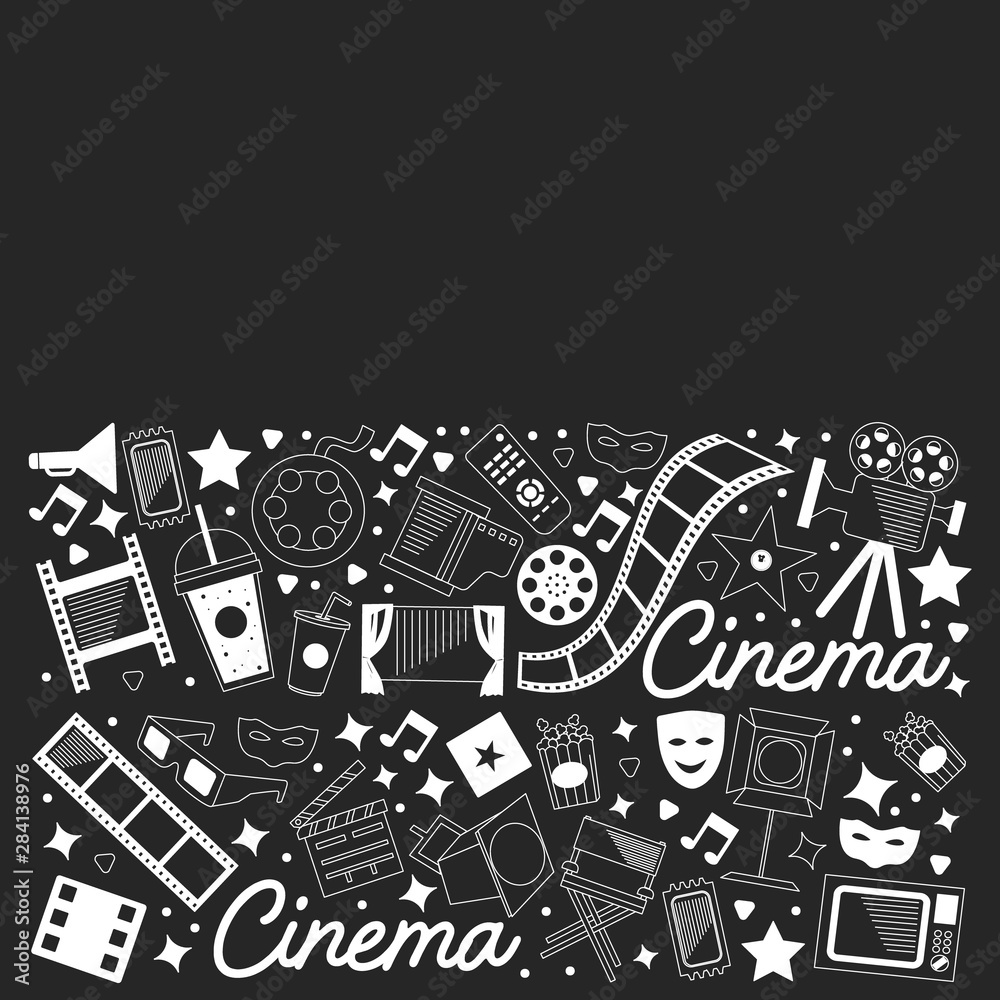 Vector pattern with cinema icons. Movie Theater, TV, popcorn, video clips, musical Vector pattern with cinema icons. Movie Theater, TV, popcorn, video clips, musical