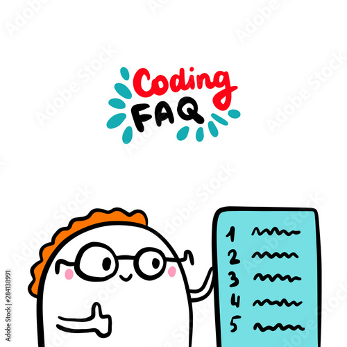 Coding faq information hand drawn vector illustration in cartoon style. Programmer short list