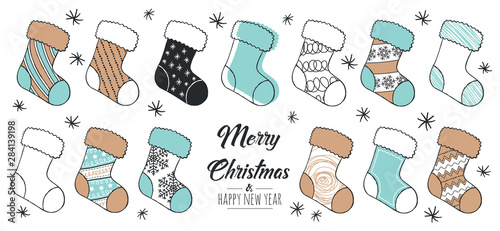  Set of hand drawn christmas sock. Decoration isolated elements . Doodles and sketches vector illustration