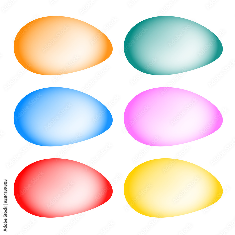 Set of six transparent little stones: orange, turquoise, blue, pink, red and yellow. The shape is smooth. Vector illustration with isolated background. Set of six transparent little stones: orange, turquoise, blue, pink, red and yellow. The shape is smooth. Vector illustration with isolated background.