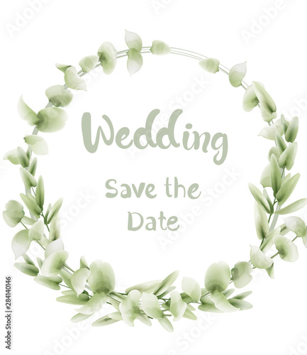 Green leaves wedding wreath Vector watercolor. Summer round botanical greetin...