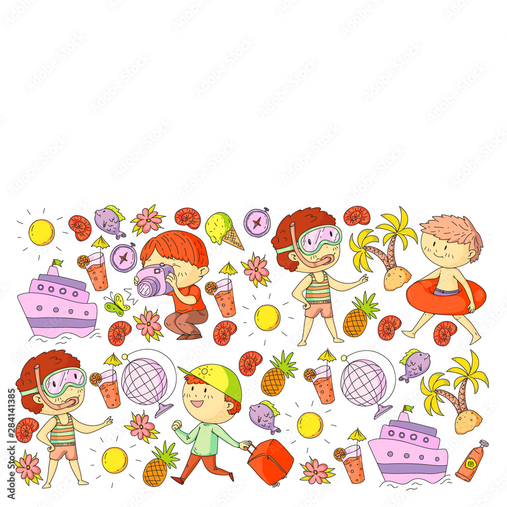 Naklejka premium Set of summer icons with children. Kids swim with swimming mask and flippers, inflatable ring, sunbathe on the beach, take photos.