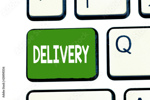 Word writing text Delivery. Business concept for action of delivering letters parcels or goods Giving birth. photo