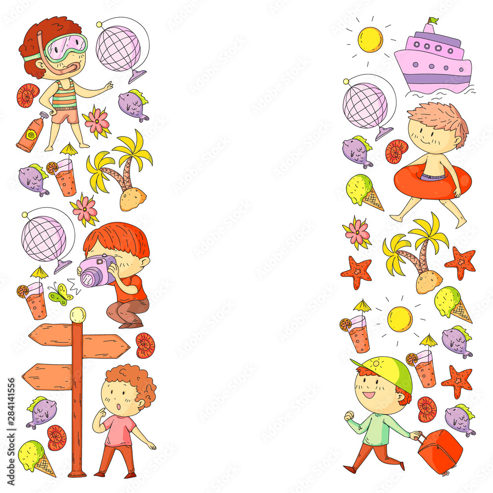 Obraz premium Set of summer icons with children. Kids swim with swimming mask and flippers, inflatable ring, sunbathe on the beach, take photos.