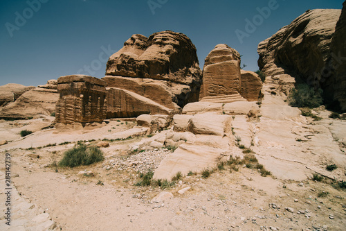 Jordan - May, 2019: View from road to Monastery in Petra Jordan. Mountains, blue sky