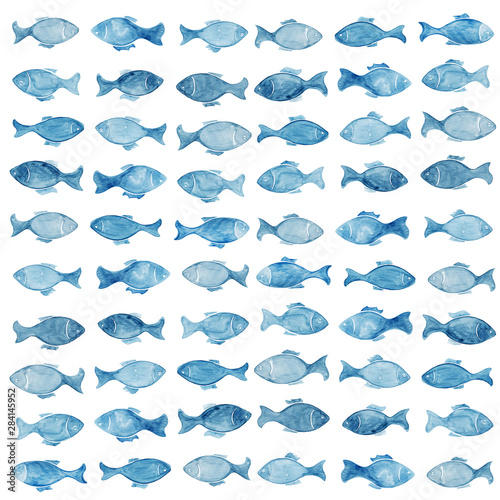 abstract watercolor background with blue ocean fish isolated on white