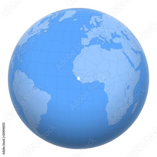 Sierra Leone (Salone) on the globe. Earth centered at the location of the Republic of Sierra Leone. Map of Sierra Leone. Includes layer with capital cities.