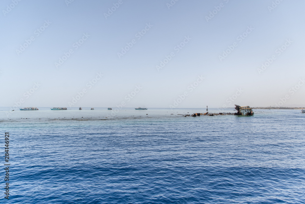 Sharm El Sheikh, Egypt - May, 2019: Shipwreck near the island of Tiran - attraction of the resort of Sharm