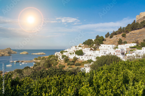 Beautiful Lindos bay and city (Rhodes island)