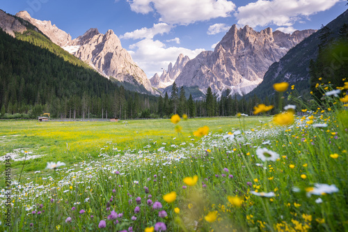 Wandern im Fischleintal in Südtirol mit Blick auf die Berge photo