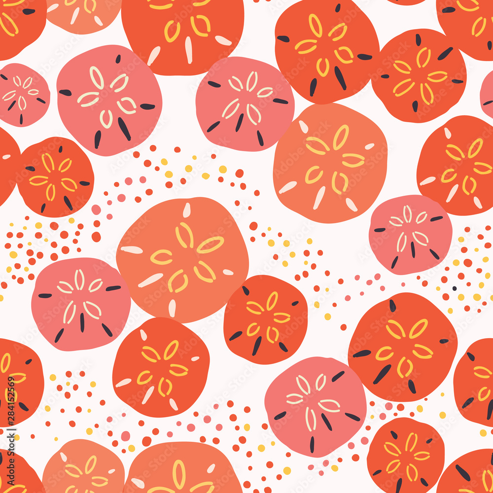 Layered sand dollar seamless pattern. Pink, orange and coral colors. Great for beach wedding invitations, spa and resort fashion, textiles, graphic design uses, prints and beach house decor. Vector.