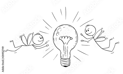 Vector cartoon stick figure drawing conceptual illustration of two men or businessmen as flies or moths attracted by light bulb and flying around it.
