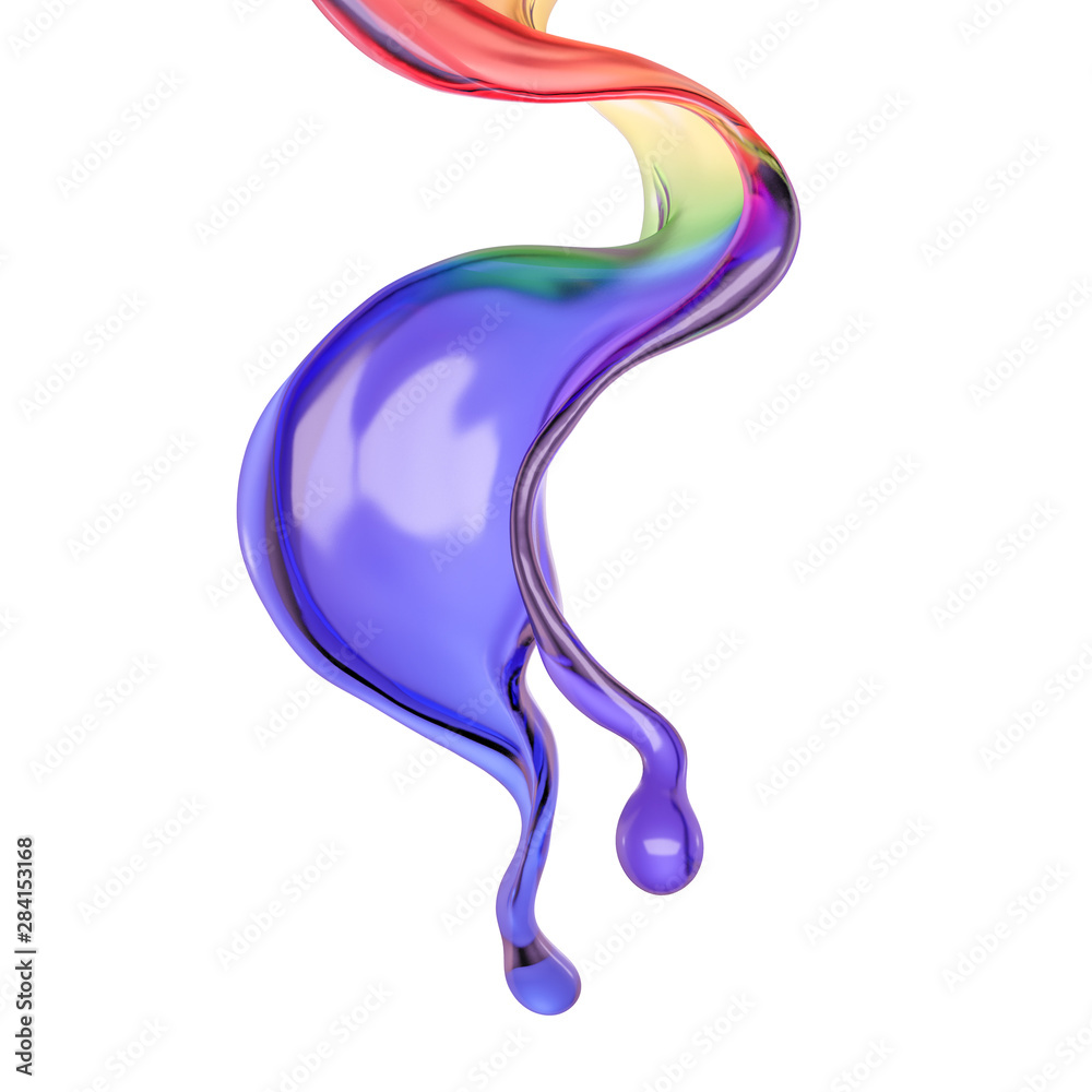 Splash of color rainbow transparent liquid on a white background. 3d illustration, 3d rendering. Splash of color rainbow transparent liquid on a white background. 3d illustration, 3d rendering.