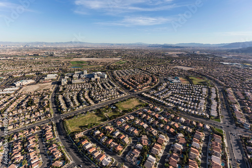 Aerial view of the suburban streets and rooftops in the Summerlin neighborhood of Las Vegas, Nevada.