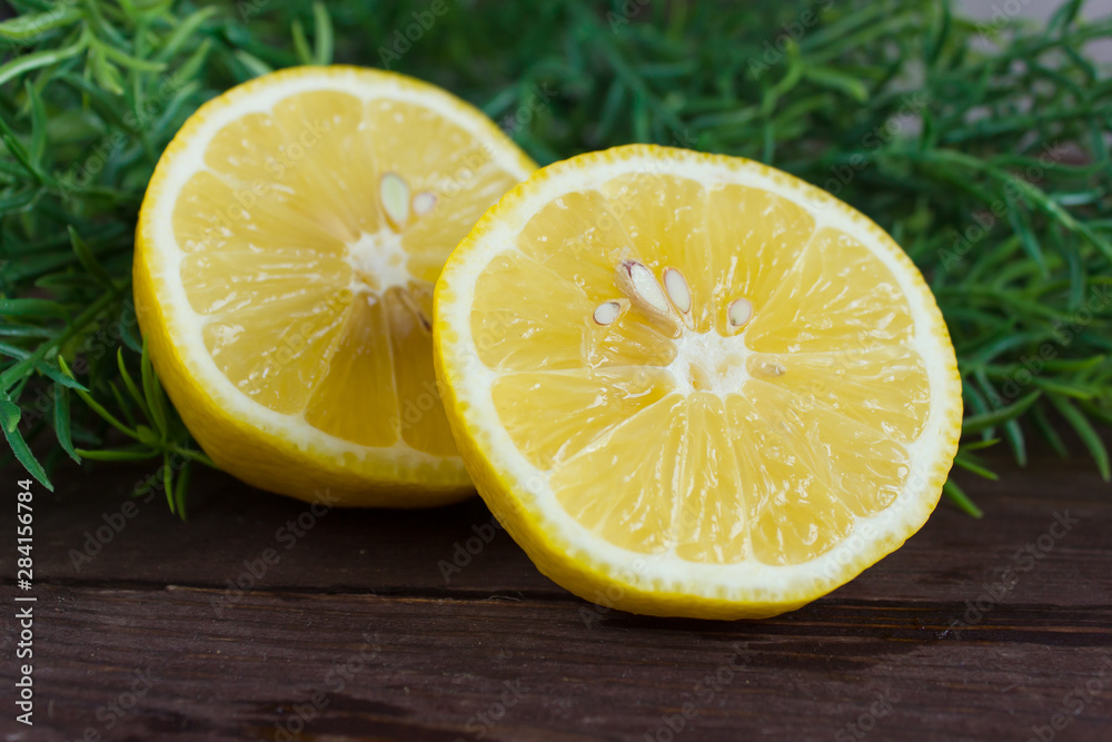 Lemon slices over a wooden background with a green sprig Lemon slices over a wooden background with a green sprig