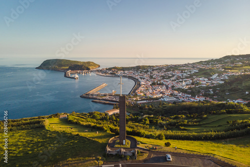 The habour and city of Horta, Faial Island, Azores Islands, Portugal against blue sky