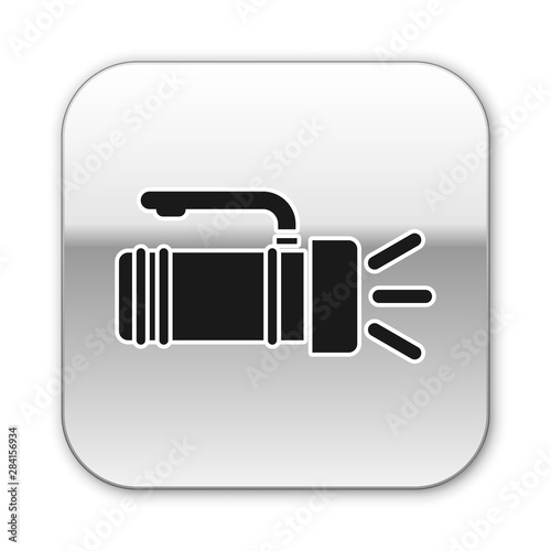 Black Flashlight icon isolated on white background. Tourist flashlight handle. Silver square button. Vector Illustration