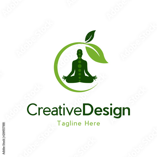 Yoga logo vector, a man meditation in Natural place., leaf yoga logo. Silhouette of a person in meditation in a round frame.